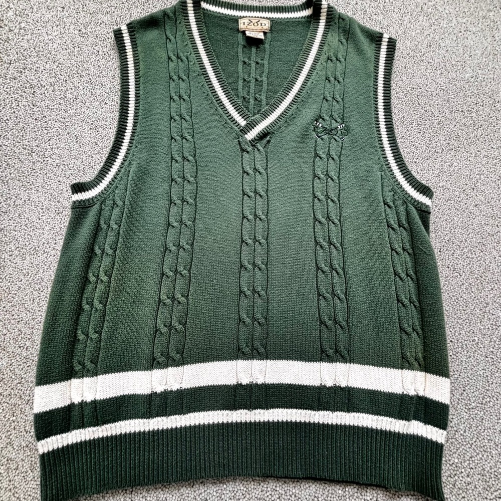 VTG IZOD Sweater Vest Mens S Green Cable Knit Golf V-Neck Preppy Old Money
